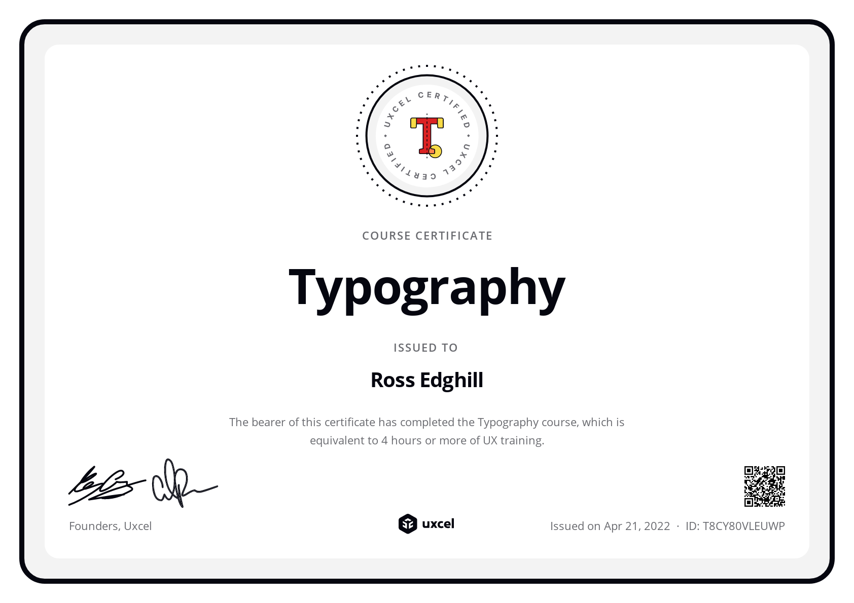 Ross Edghill's certificate